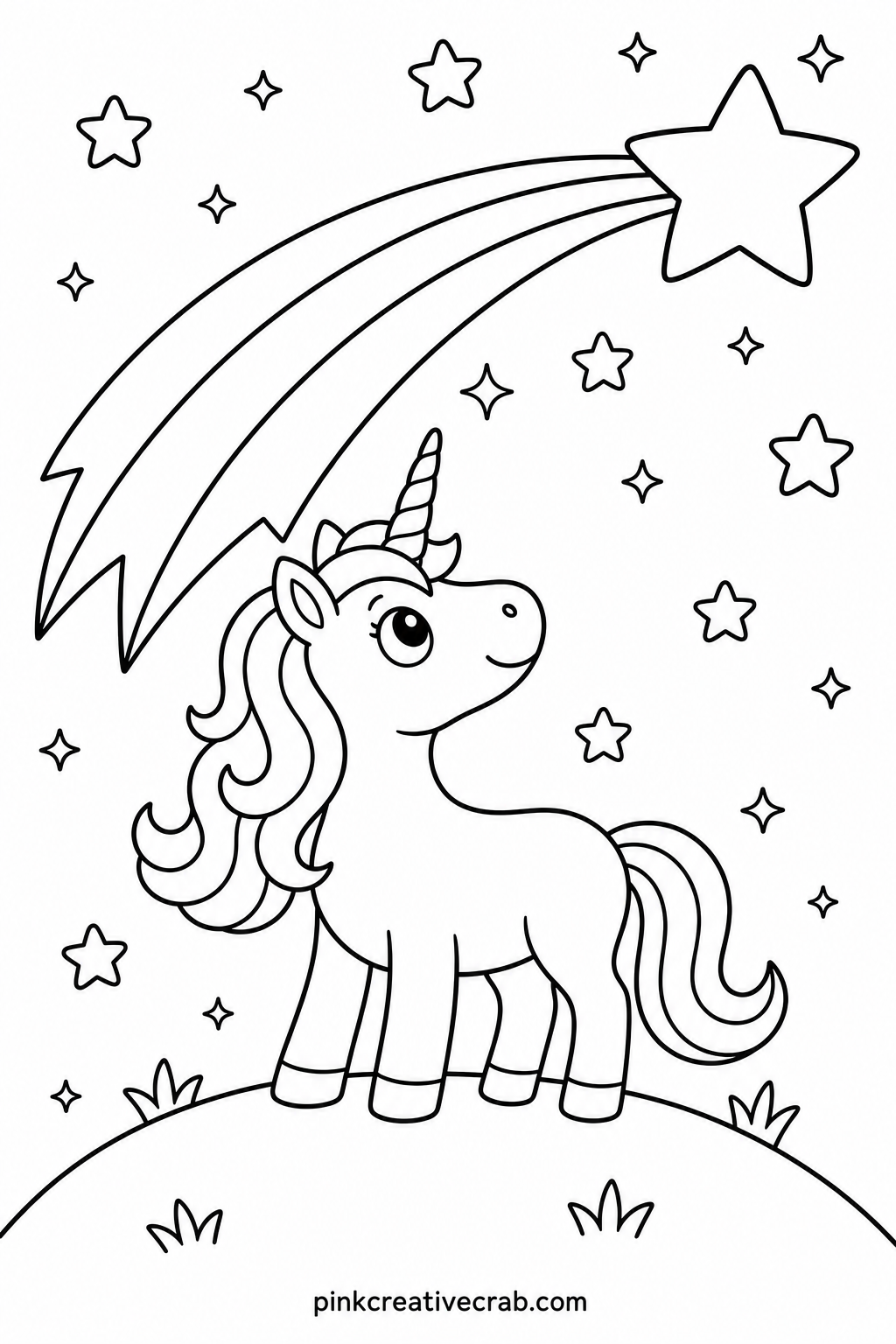 Shooting Star Unicorn printable page — Leave the shooting star white or pale yellow and let every other shape around it go bold, since the contrast makes the