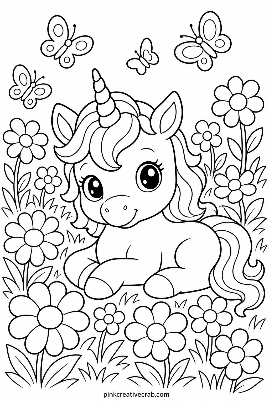Unicorn Baby In A Flower Meadow printable page — Pair this one with the Unicorn Reading Under A Tree page so the set tells a tiny story, a baby unicorn playing