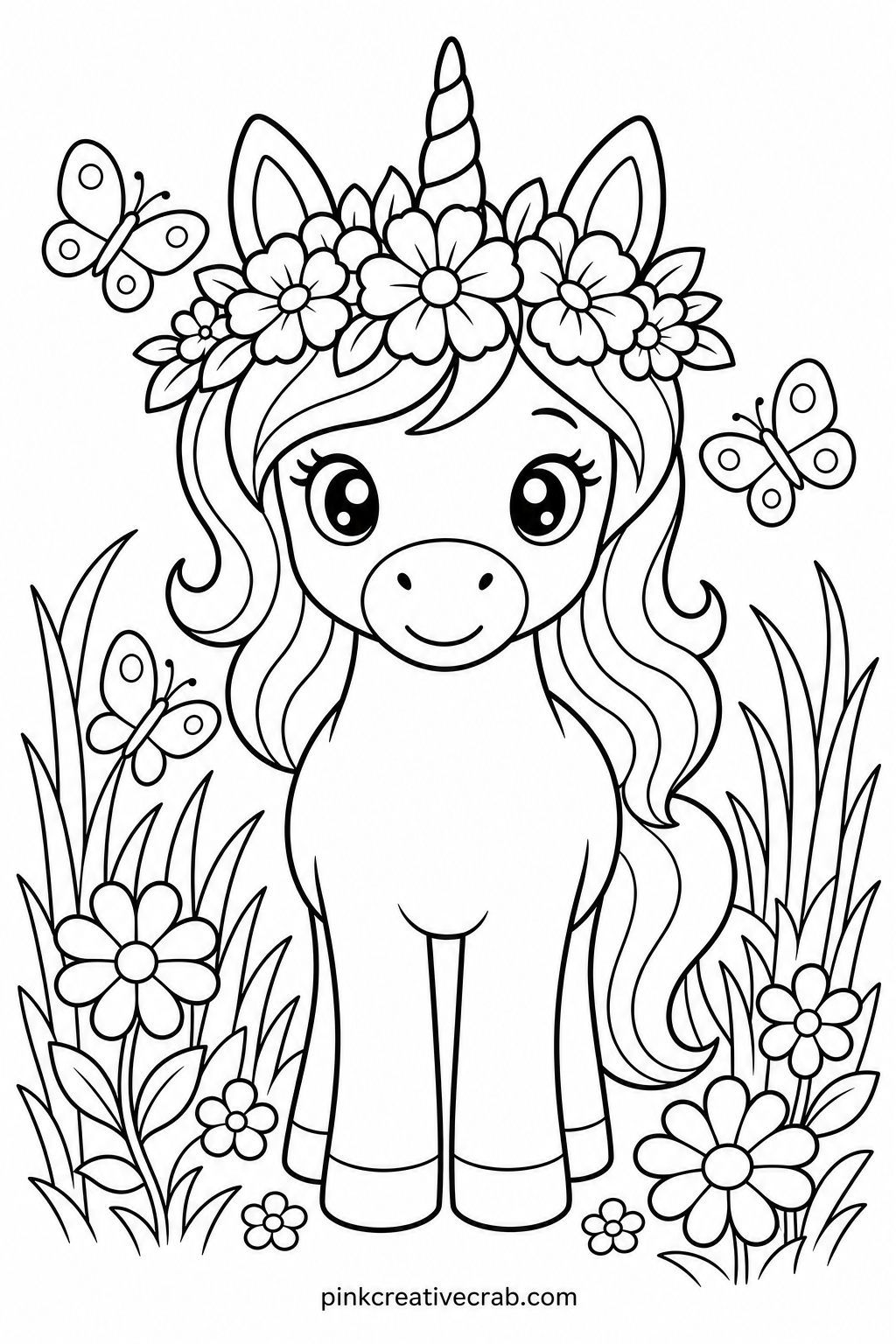 Unicorn With A Flower Crown printable page — The usual mistake on this page is rushing the flower crown and leaving the petals all one color, so slow down and