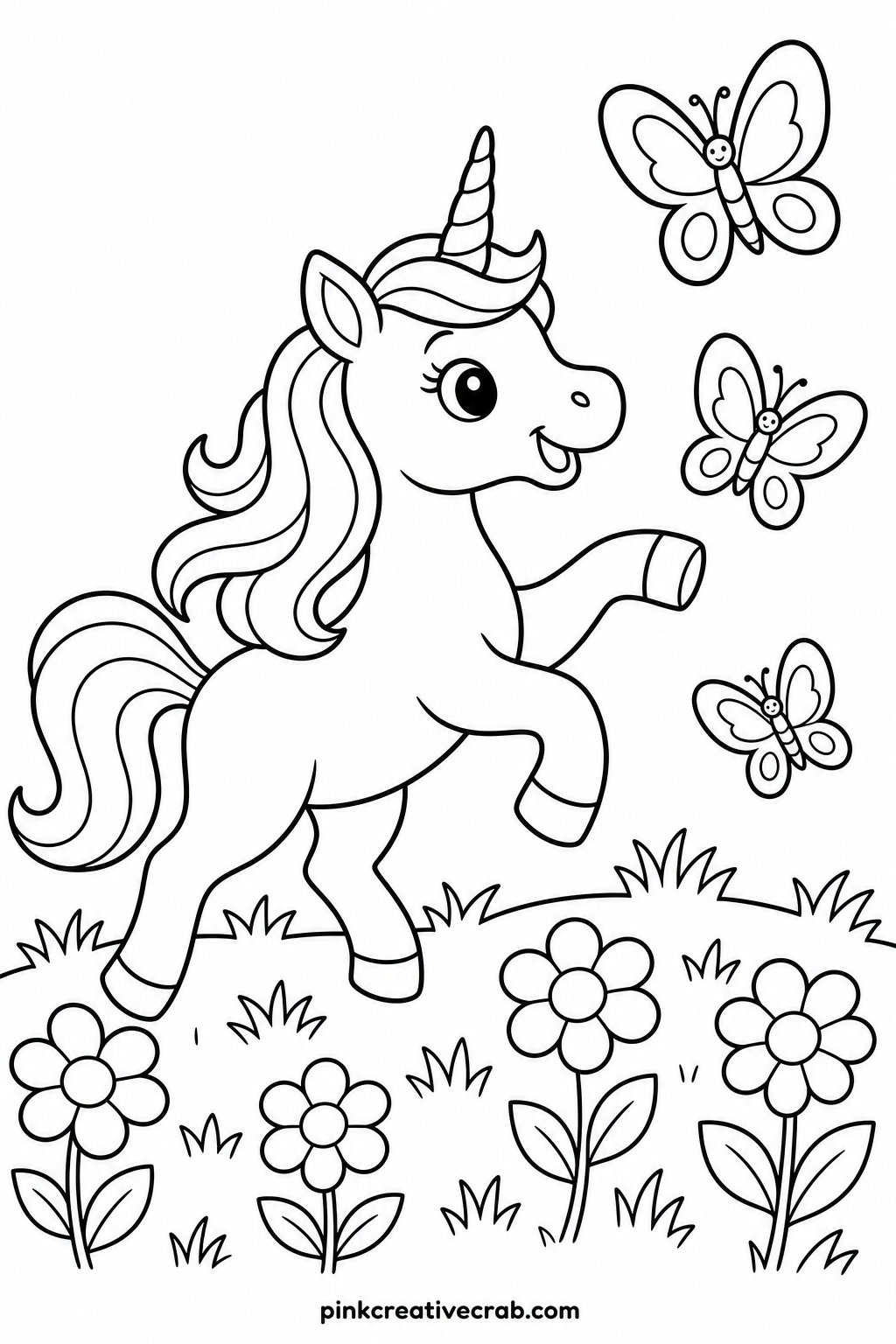 Unicorn Chasing Butterflies printable page — Works best for younger children who like to color in motion, since the unicorn is caught mid trot with its tail