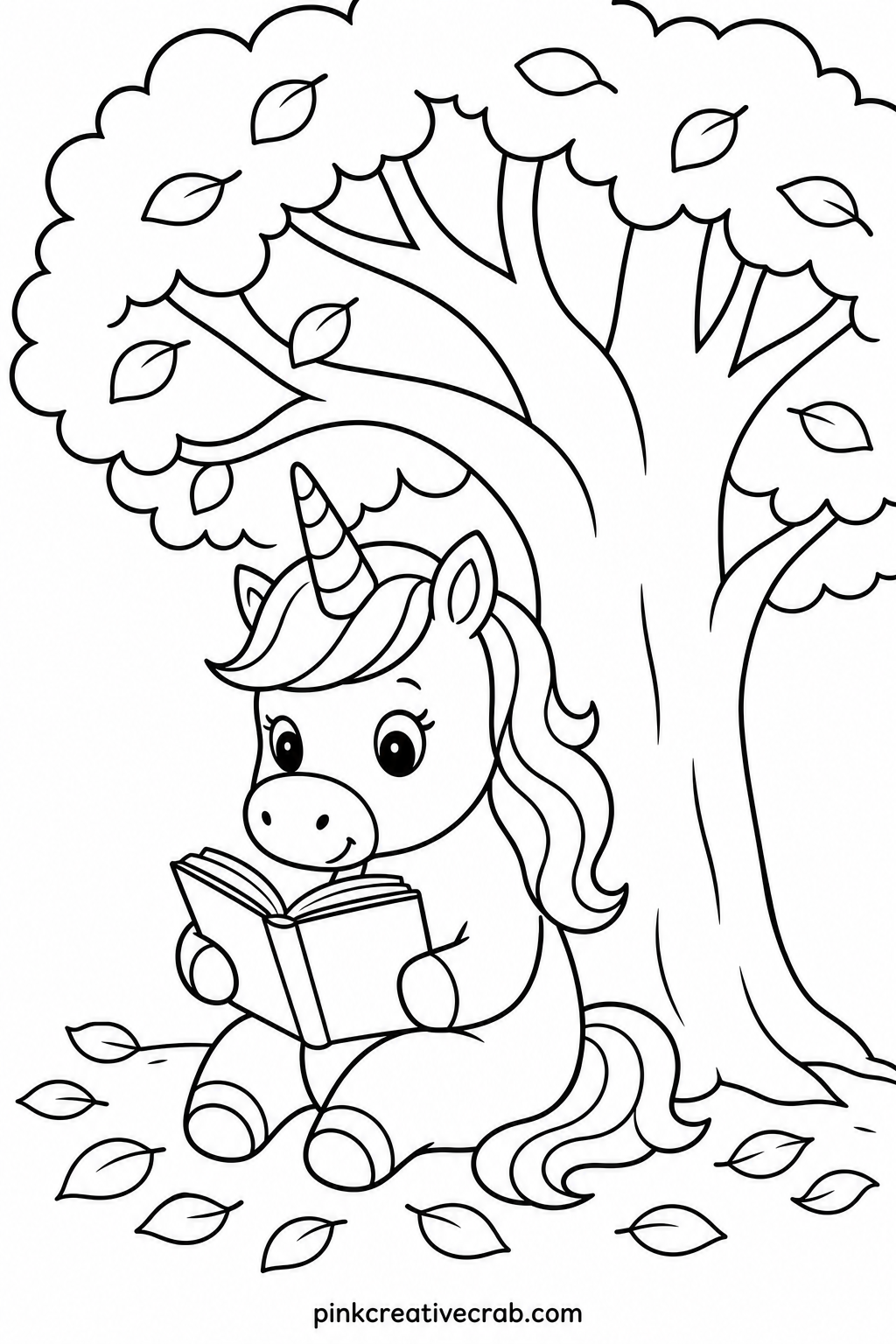 Unicorn Reading Under A Tree printable page — Good for a quiet afternoon, since the wide tree trunk and the open book give a child long, slow spaces to color