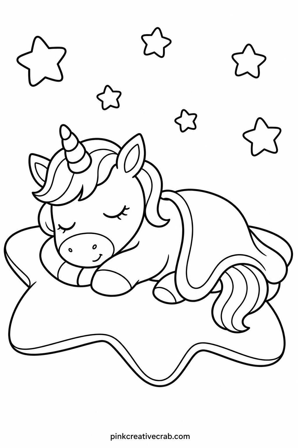 Unicorn Napping On A Star Pillow printable page — Ten minutes is enough for this one if a child only colors the unicorn and the star pillow and leaves the