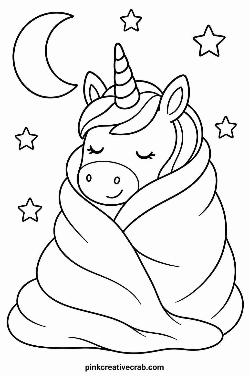 Unicorn Wrapped In A Blanket printable page — Ask a child what color blanket their own unicorn would choose for bedtime, then let that answer guide the whole