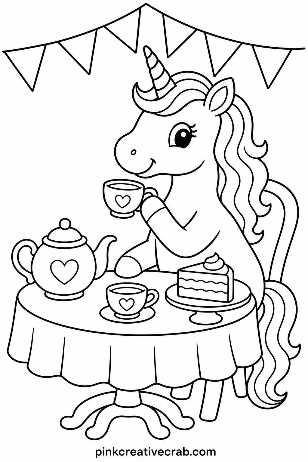Unicorn At A Tea Party printable page — This page turns into a real tea party invitation once it is colored, since the teapot and little cups around the table