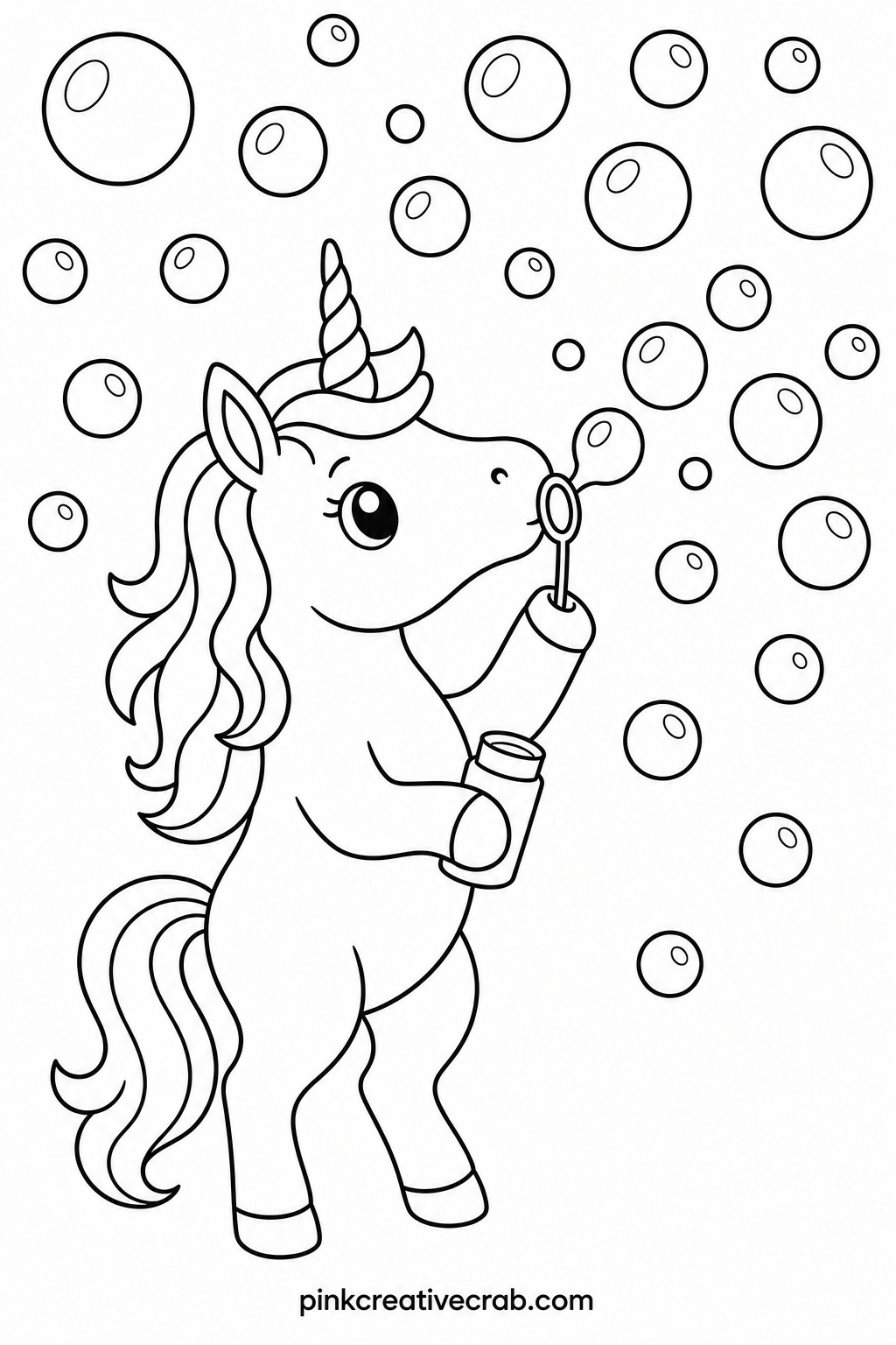 Unicorn Blowing Bubbles printable page — Suits children who are just starting to color inside the lines, since the bubbles are large plain circles that are