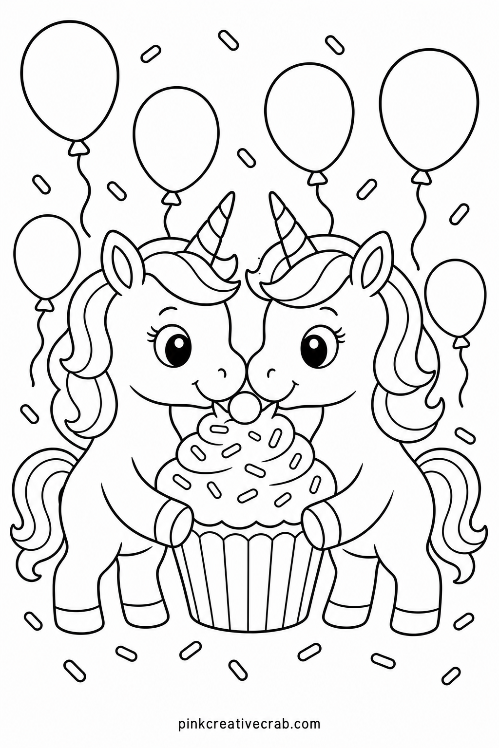 Two Unicorns Sharing A Cupcake printable page — Pair it with Unicorn At A Tea Party for a birthday themed pair, since both pages share the same bunting and