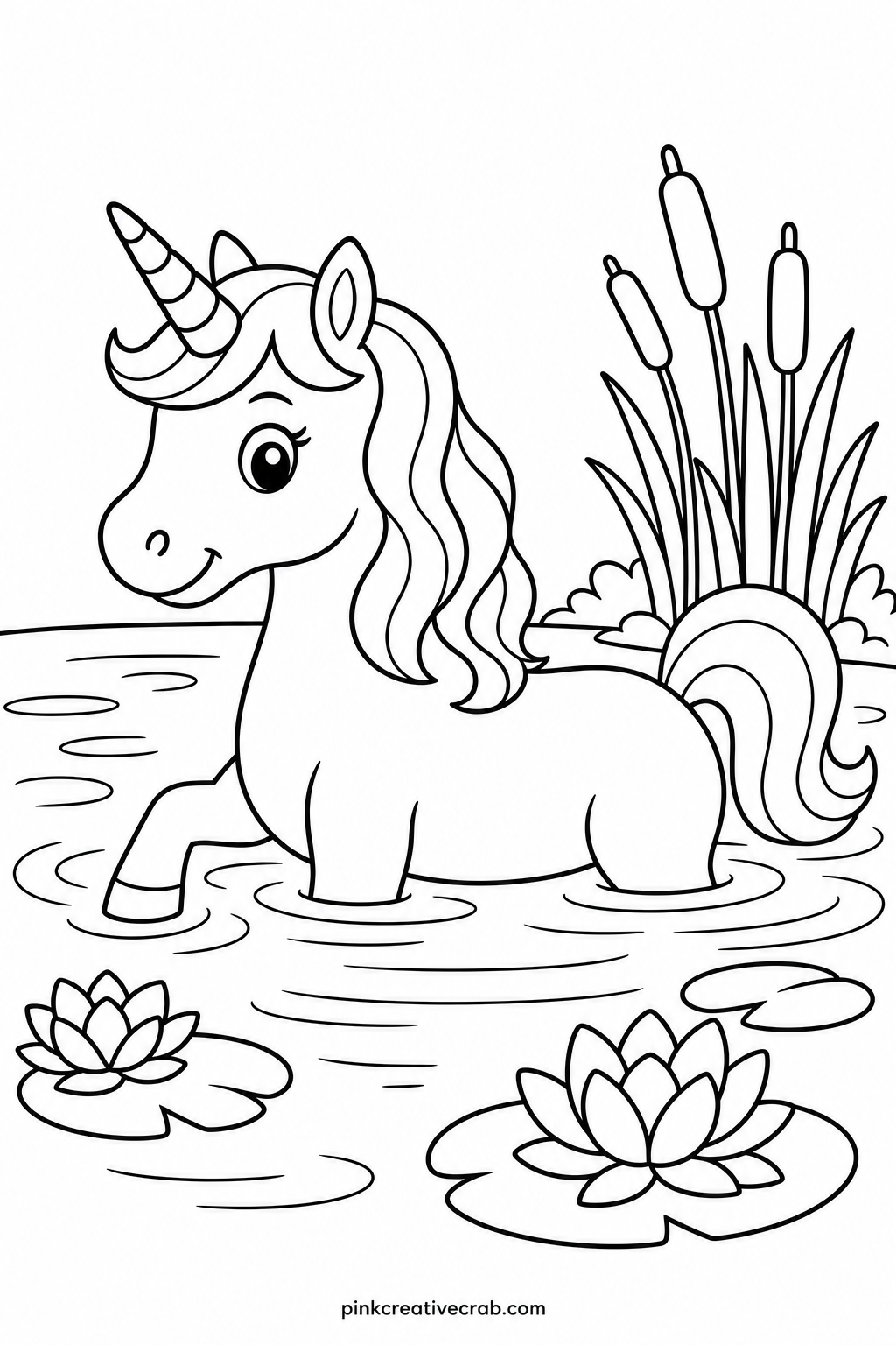 Unicorn Swimming In A Lake printable page — Try a blending trick on this one by laying blue over the water in loose circles and leaving small white gaps