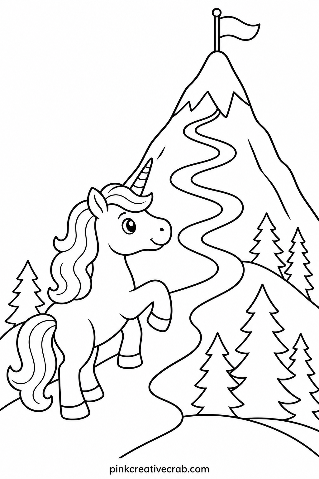 Unicorn Climbing A Mountain printable page — Fits older kids in the group, around seven to nine, who have the patience for a page with more going on, since