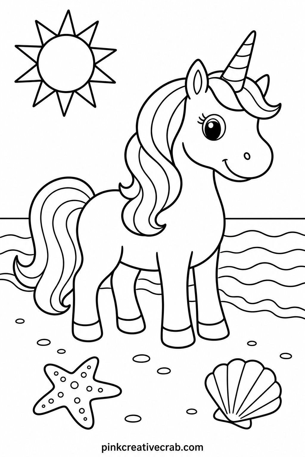 Unicorn On A Beach printable page — Leave a few wave shapes uncolored and white near the shoreline, since the plain paper against the blue water does a better