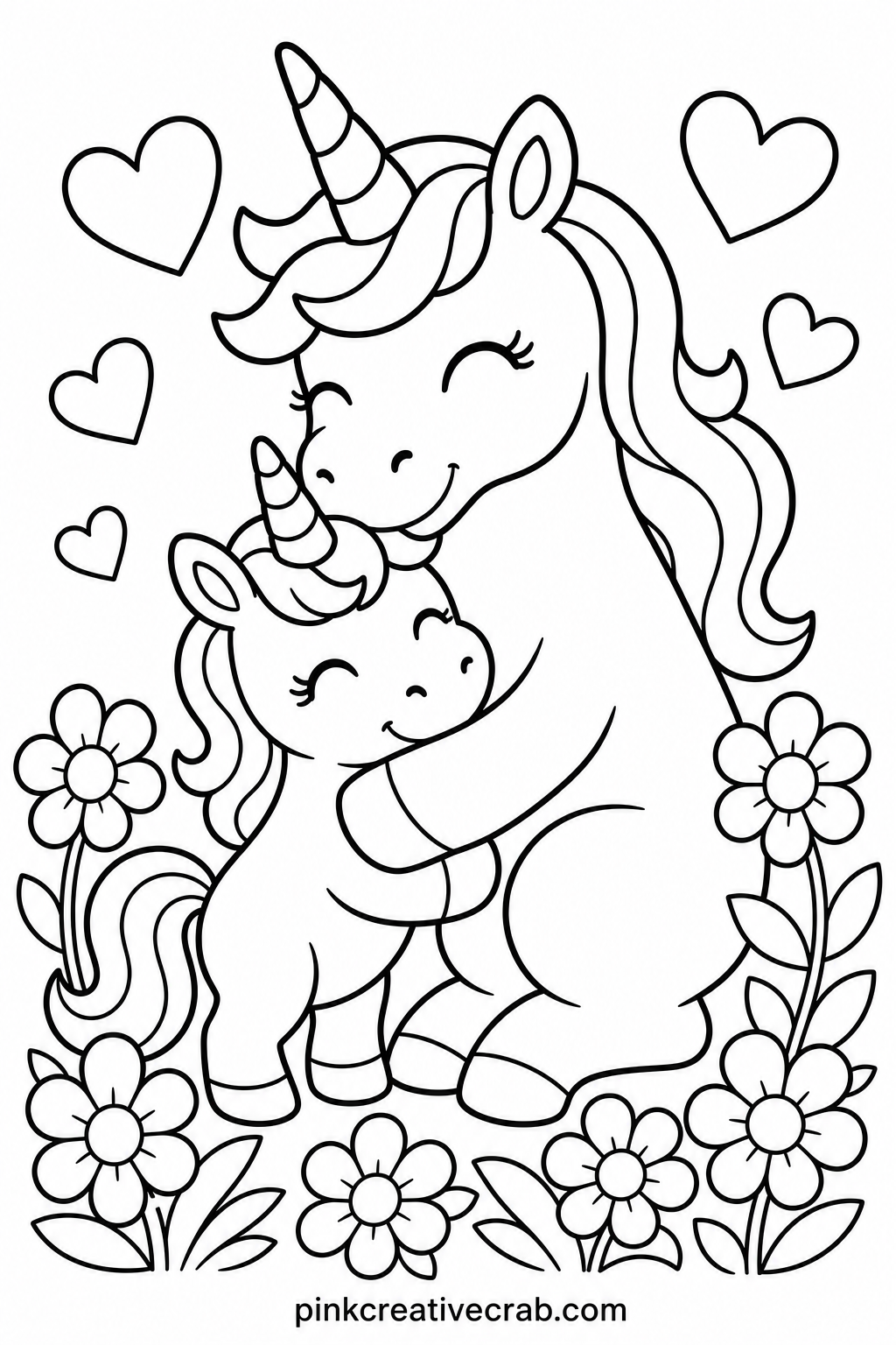 Unicorn Family Group Hug printable page — A nice closer for the set because it brings a big unicorn and a small one together in one hug, so save it for last