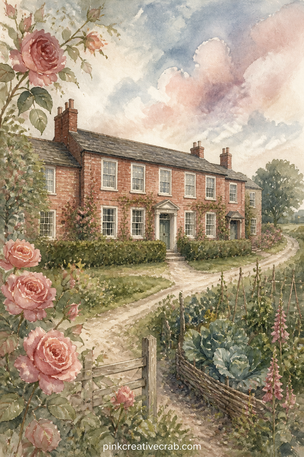 Longbourn House Front printable page — Pair this with the quill and wax pattern page behind it as a cover spread, letting the small painted house sit inside a