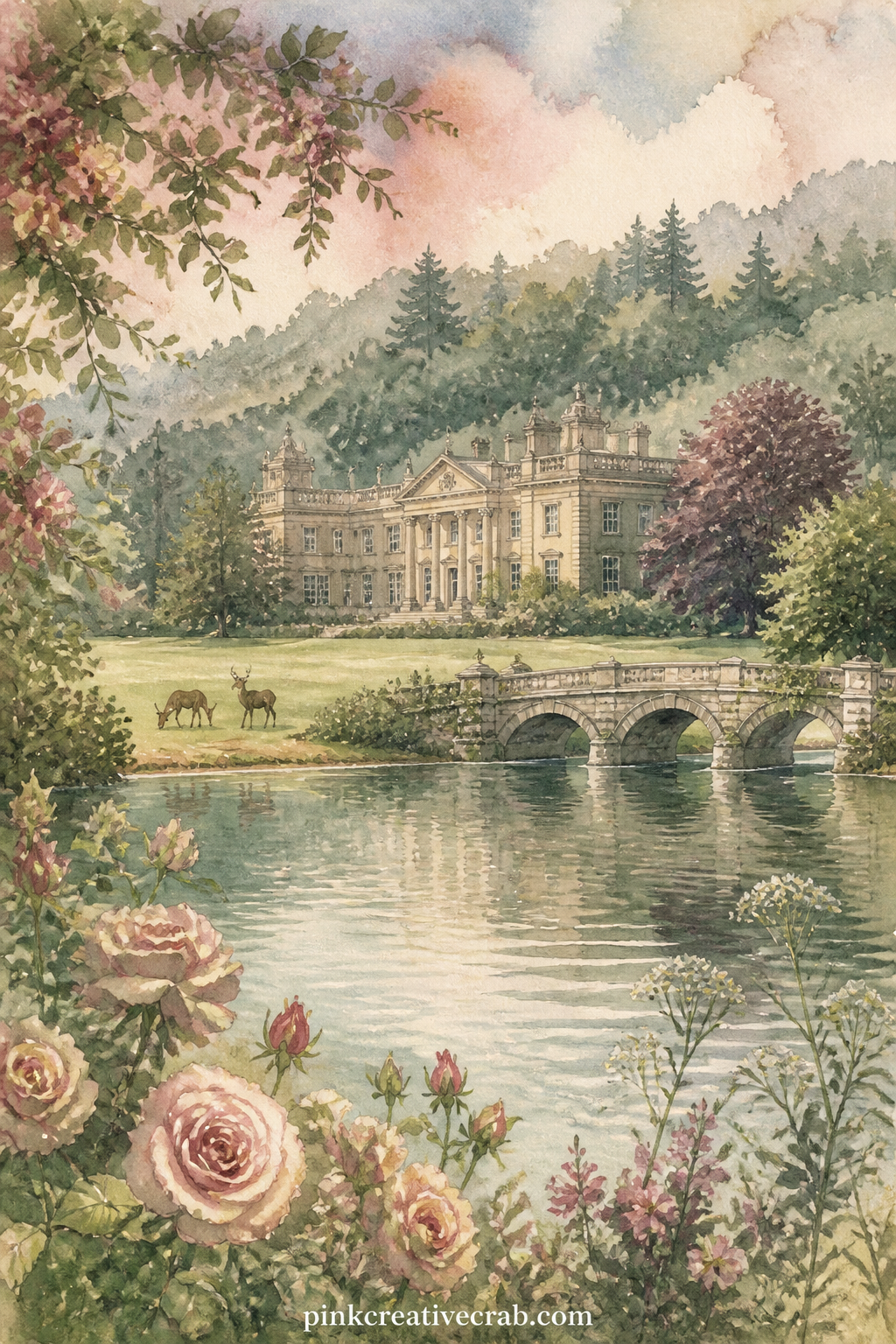Pemberley Across The Lake printable page — A stone manor sits across still water with wooded hills behind it, the kind of view meant to make a visitor stop
