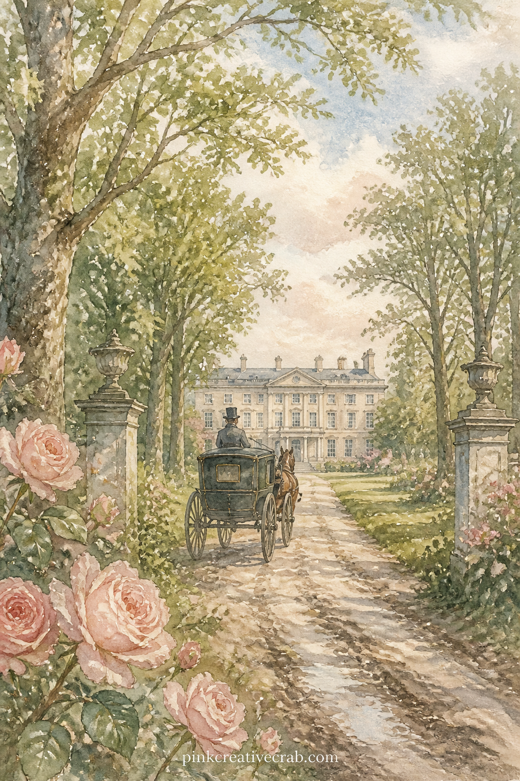 Netherfield Park Approach printable page — Glue a ticket stub, a pressed leaf or a scrap of ribbon along the bottom edge of this page, as though it travelled