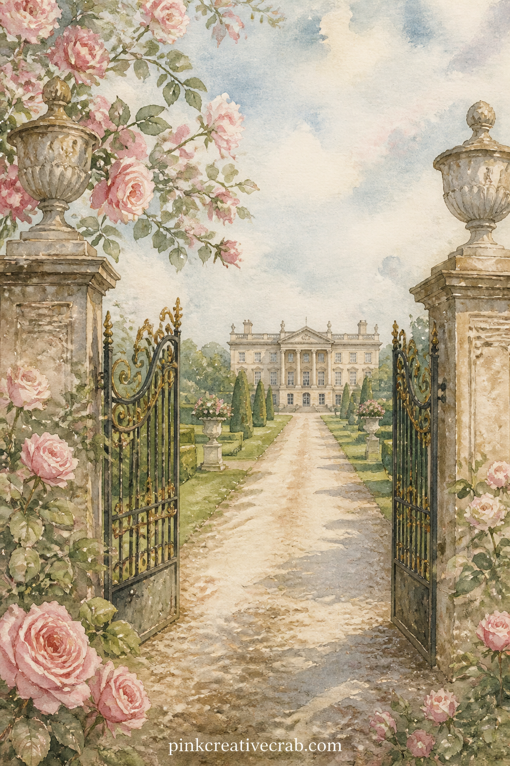 Rosings Park Gate printable page — Rosings shows itself through an iron gate at the end of a long gravel walk, the house deliberately grander and colder in