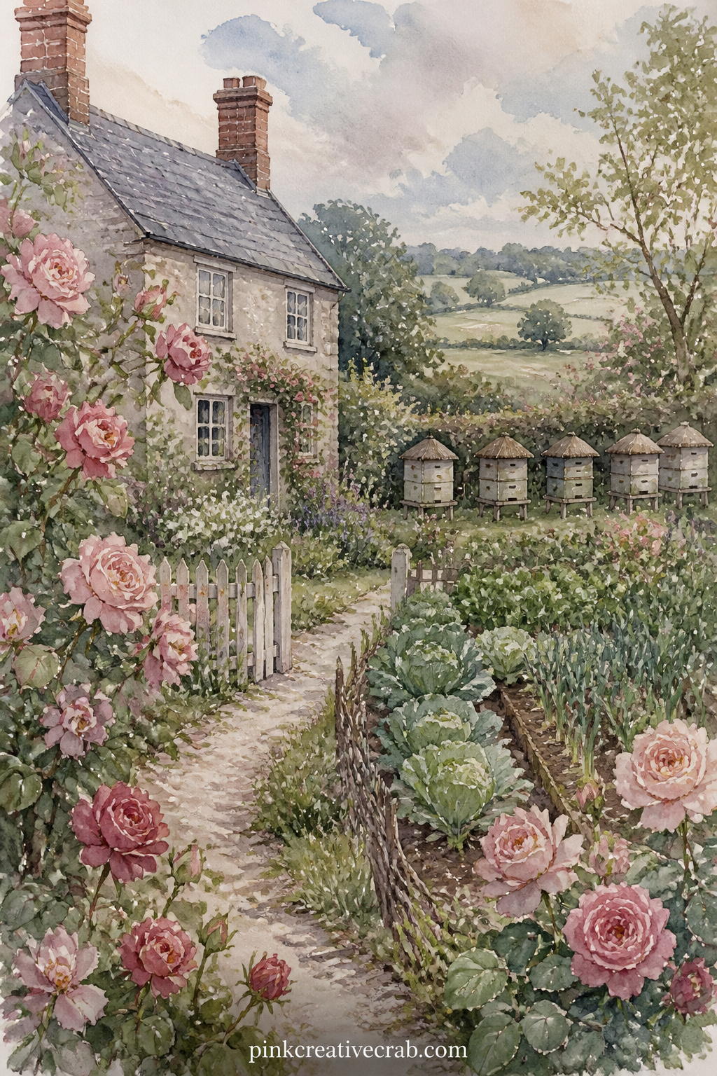 Hunsford Parsonage Garden printable page — A small parsonage sits behind a trim vegetable garden and a row of beehives, modest where its patron's house is