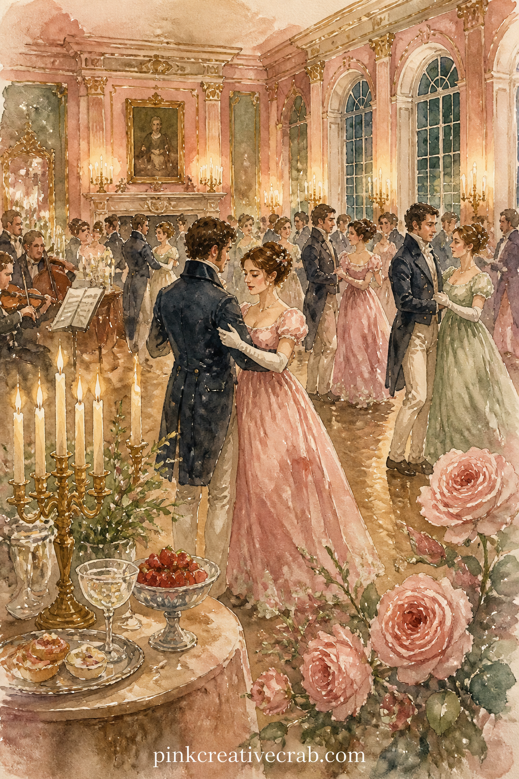 Candlelit Netherfield Ballroom printable page — Couples turn across a polished floor under rows of candles, with musicians in a corner and side tables set with
