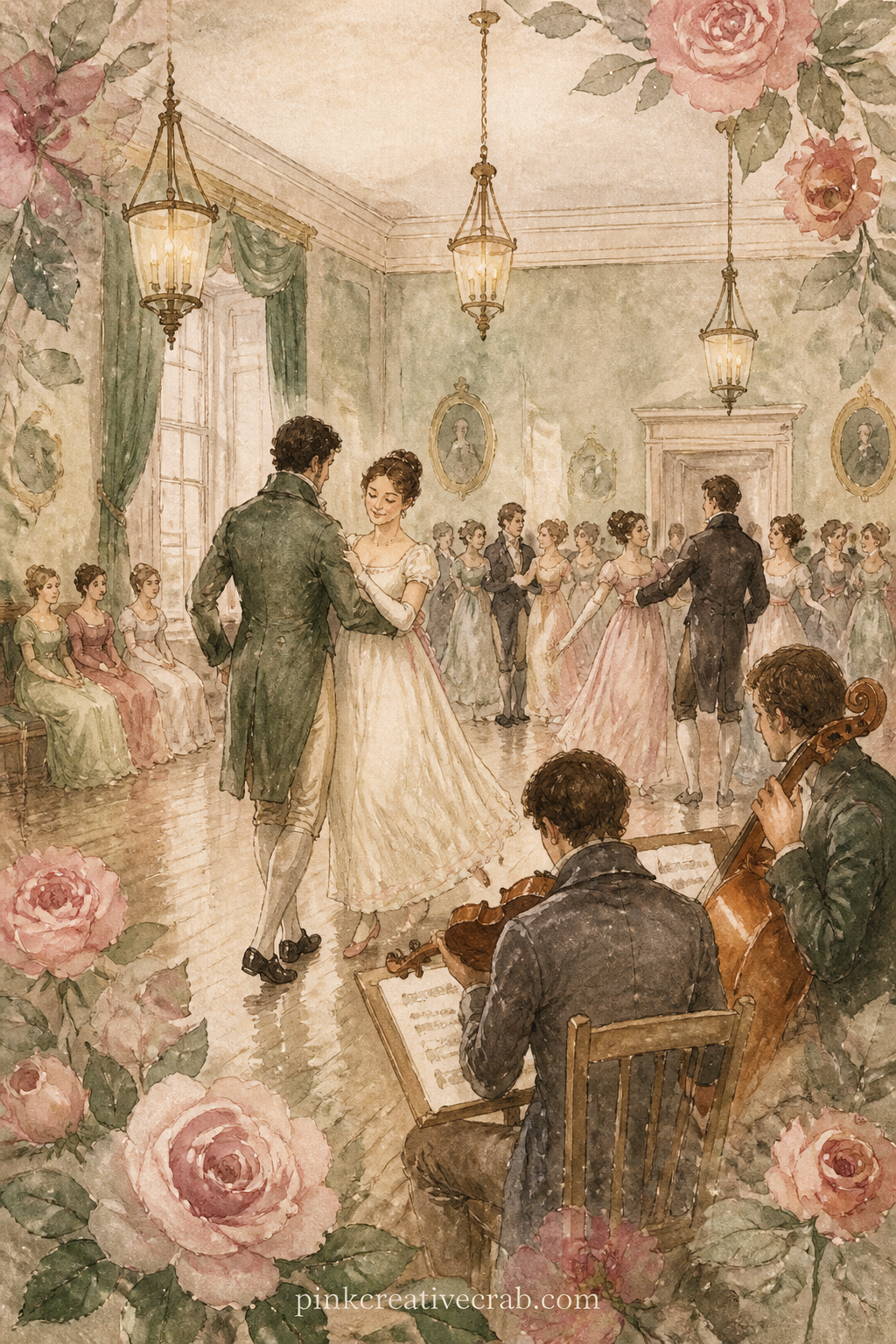Meryton Assembly Room printable page — The five-minute version of this page skips the full crowd: paint just the fiddler's corner and a few chairs along the