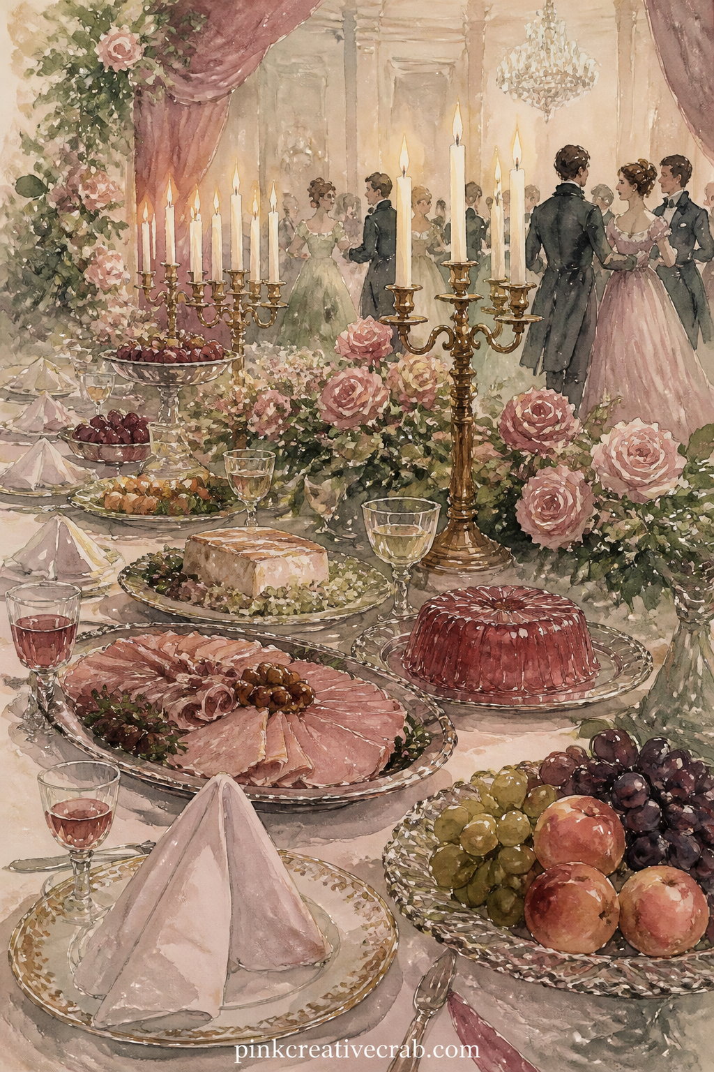 Supper Table At The Ball printable page — The usual mistake on a page like this is crowding every dish onto the table at once. Pride and prejudice junk journal