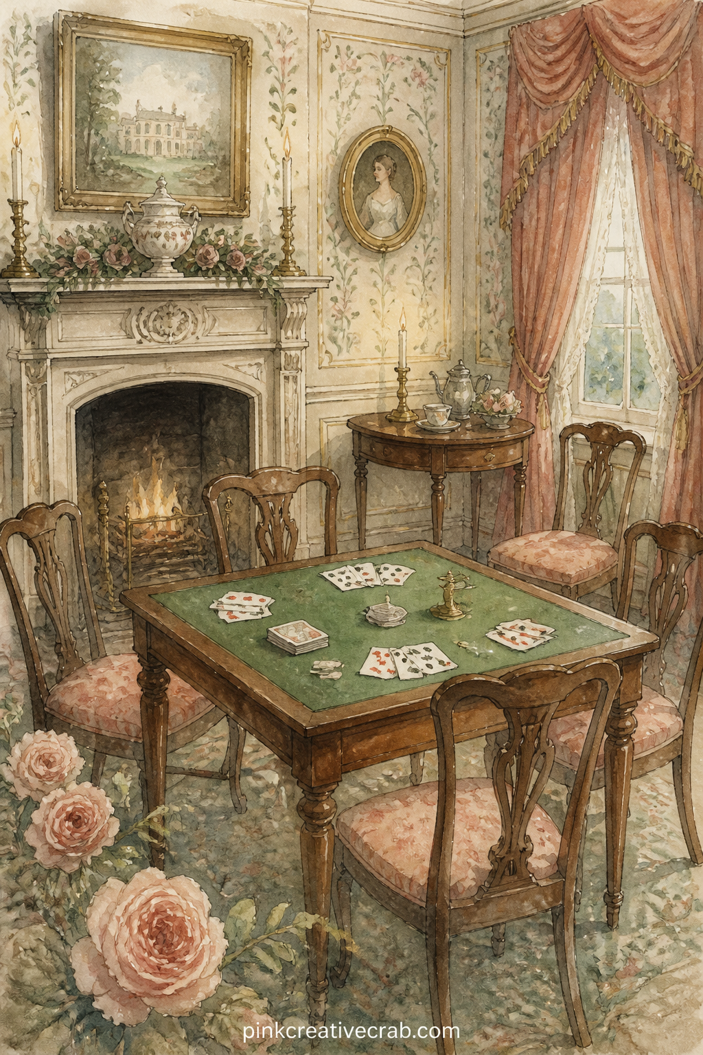 Card Room At Rosings printable page — A small side room holds a card table laid out for quadrille, with chairs pushed back as though the players have just