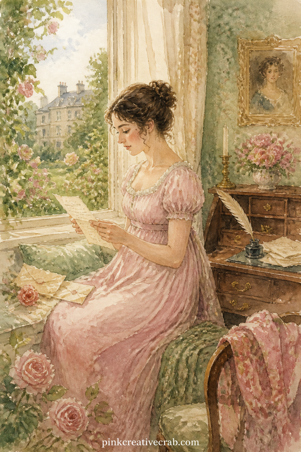 Letter By The Window printable page — A young woman sits reading a letter at a window seat, the page catching afternoon light while a small writing desk waits