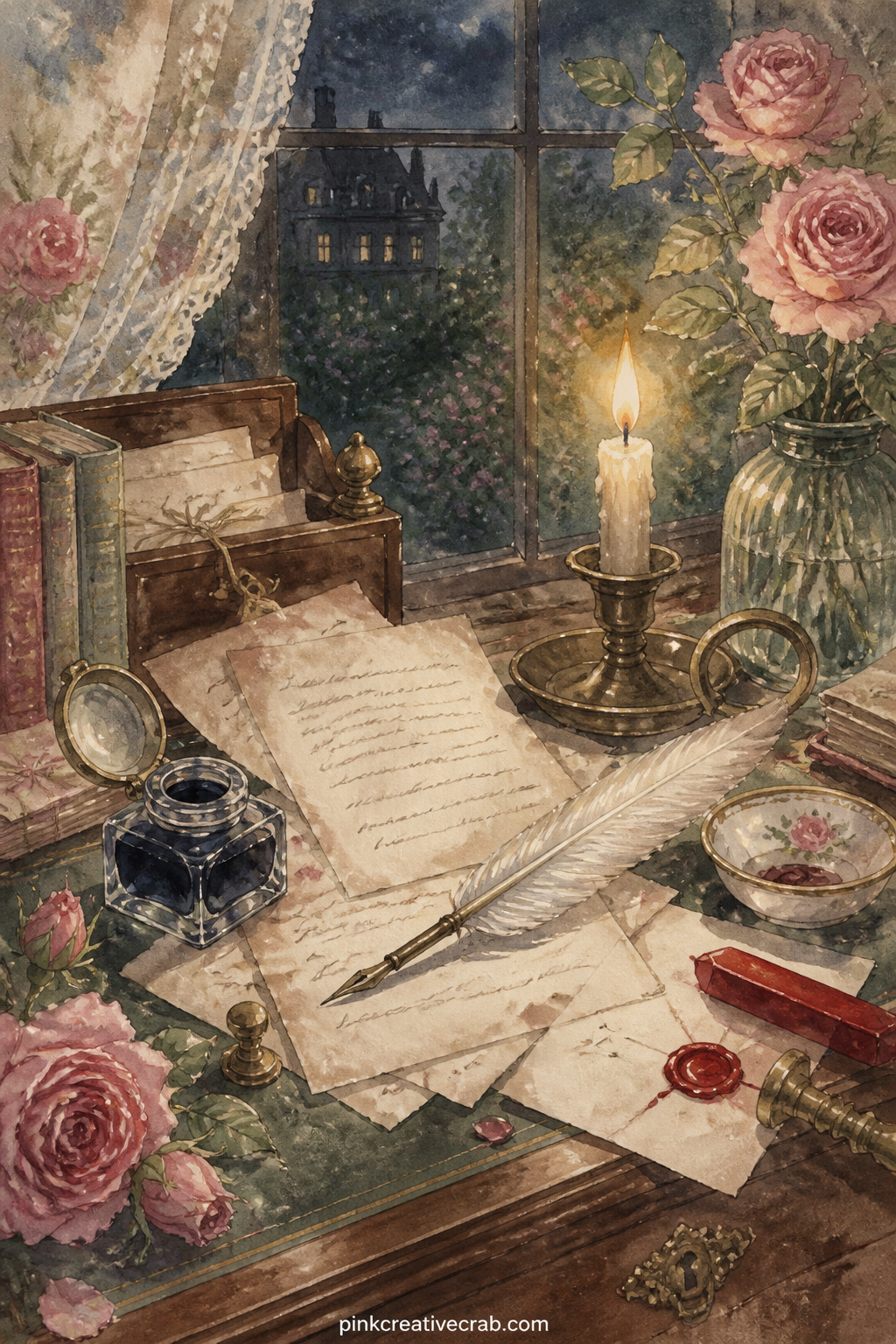 Writing Desk By Candlelight printable page — This page suits a reader who writes long letters herself: leave the desk's surface a little busy with ink, a seal