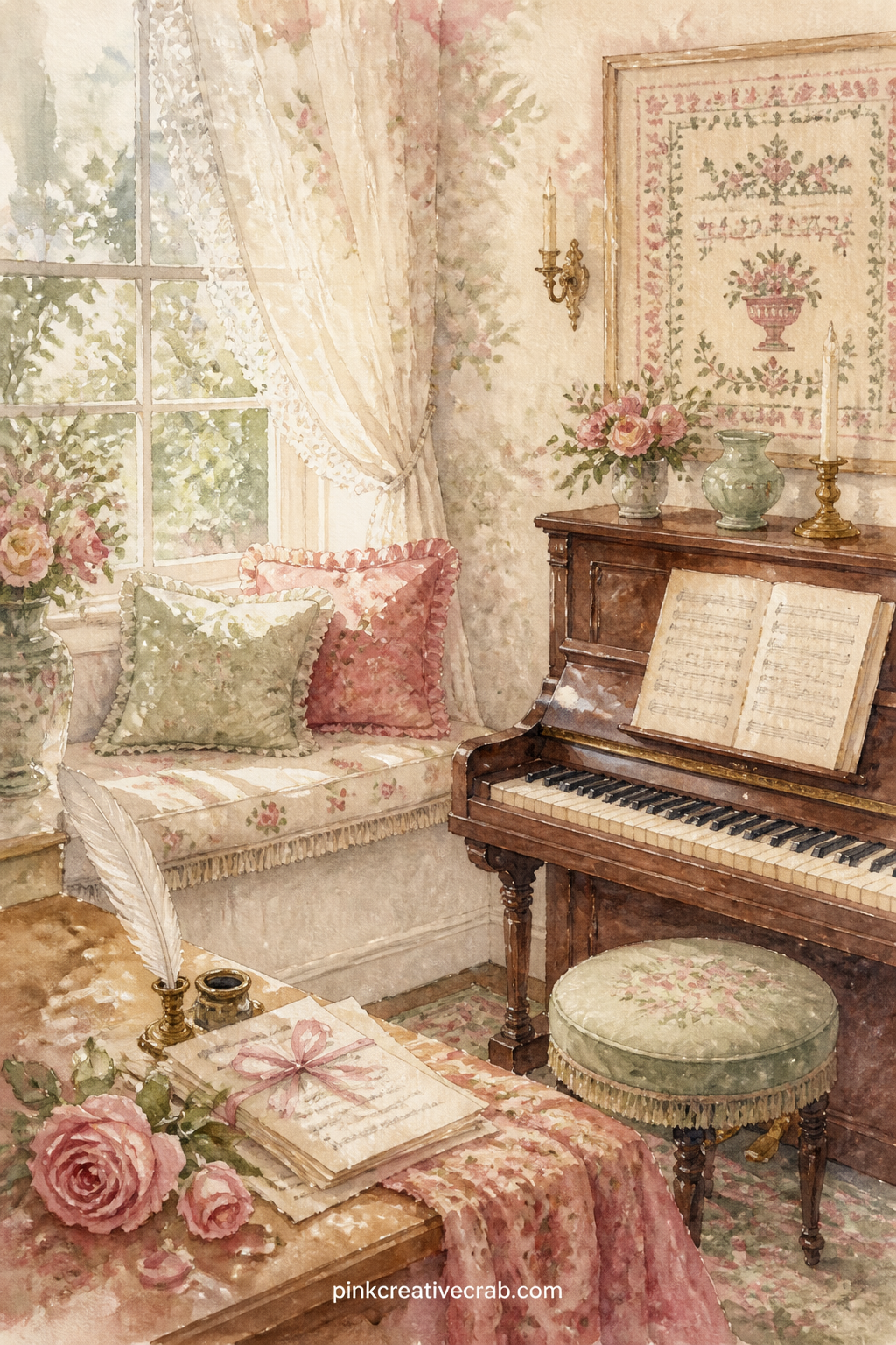 Morning Room With Piano printable page — Fold this page in half down the middle before gluing it in, so the piano and the window seat open like a small spread