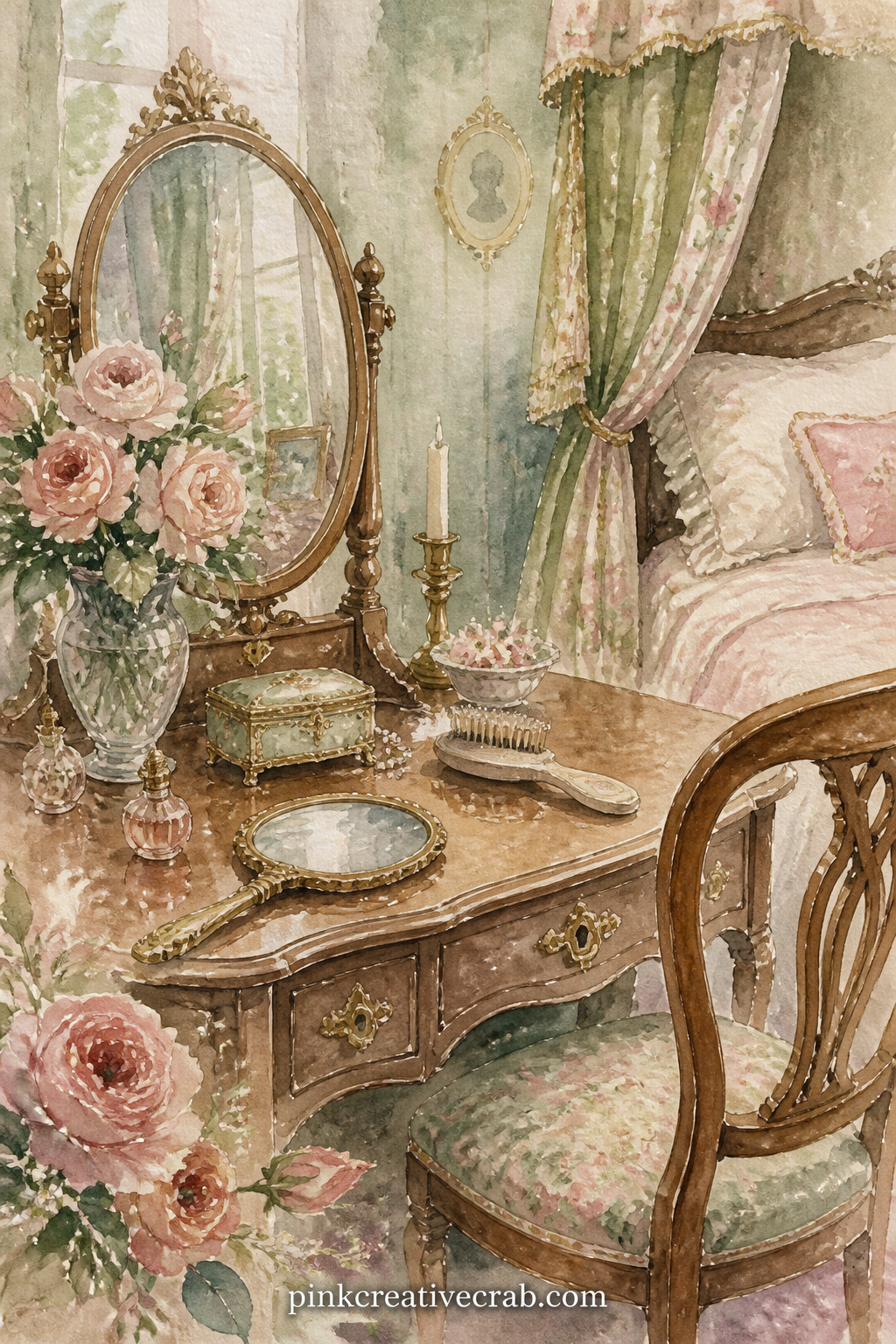 Bedroom With Dressing Table printable page — A dressing table holds a hand mirror, a hairbrush, a small jewellery box and a vase of garden flowers, the quiet