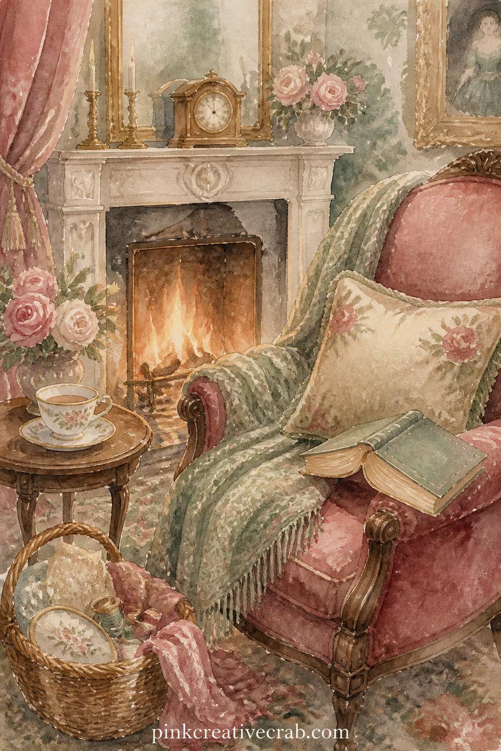 Parlour Fireside Reading printable page — Place a short line from a favourite exchange in the novel along the bottom margin in pencil, then glue this page in