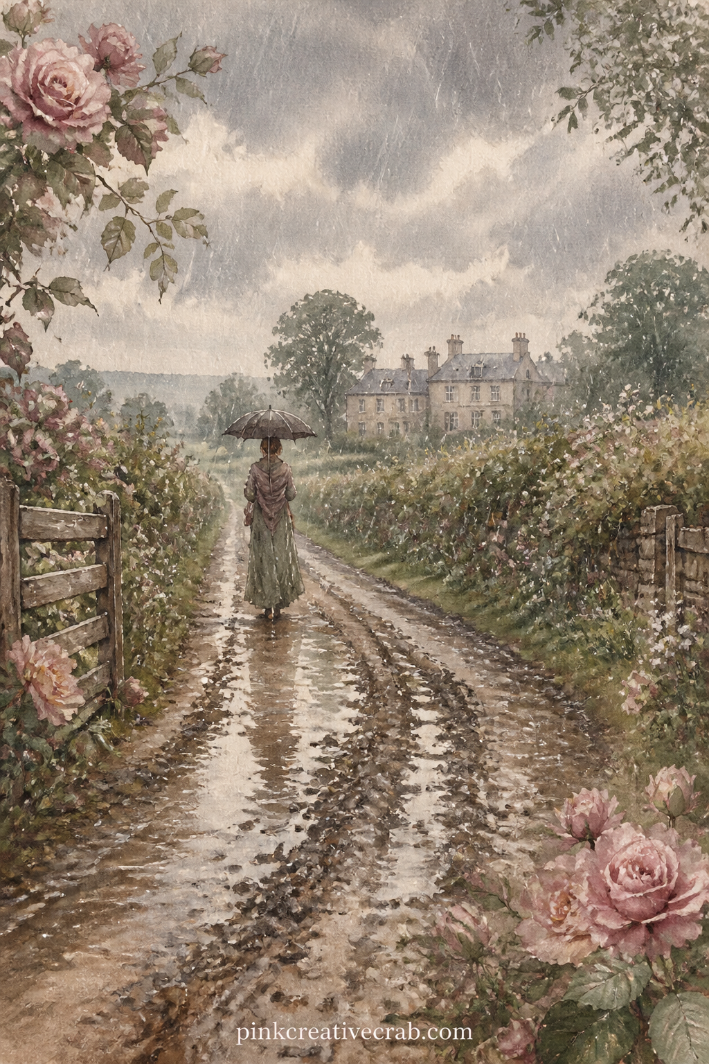 Muddy Country Lane In Rain printable page — Rain falls in slanted lines over a rutted lane, with hedgerows blurred by the weather and a single figure walking