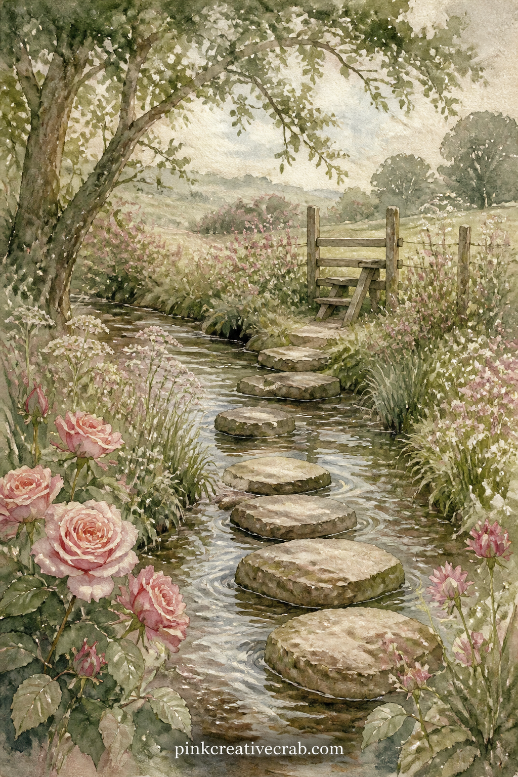 Stream And Stepping Stones printable page — A narrow stream crosses the path, with flat stepping stones, wildflowers along the bank and a low wooden stile a