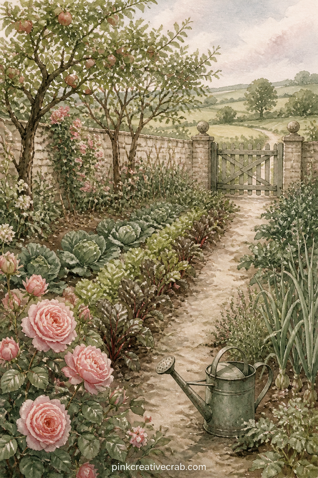 Kitchen Garden At Longbourn printable page — Pair this page with the pressed rose pattern page behind it, so the painted vegetable rows sit inside a border
