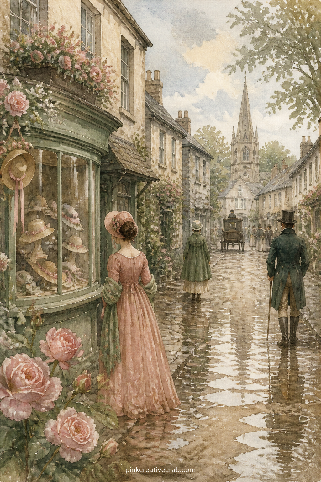 Village Lane At Meryton printable page — A row of small shopfronts lines a village lane, with a milliner's window, a few passersby in cloaks and a church spire