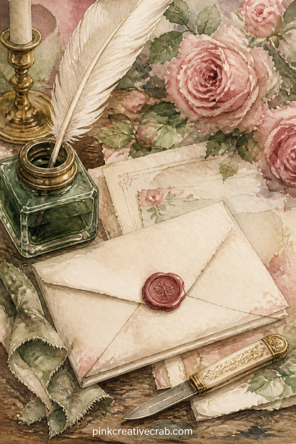 Quill, Ink And Folded Letter printable page — Tuck a strip of washi tape or a scrap of old sheet music along one edge here, something to echo the paper and ink