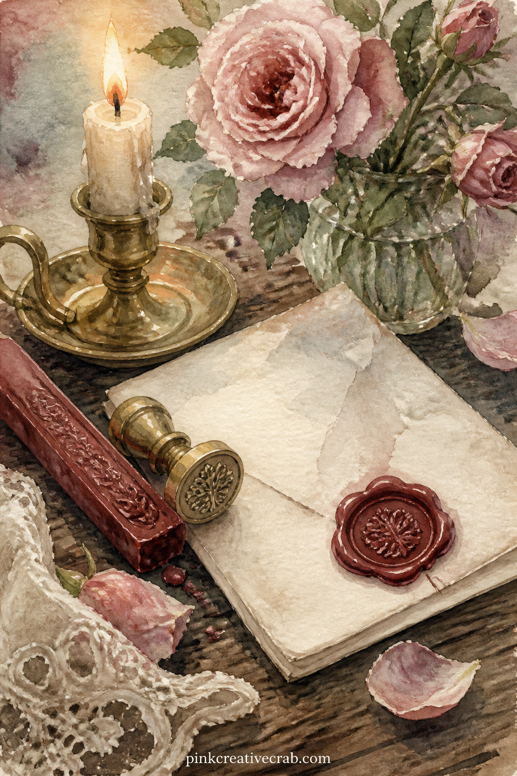 Sealing Wax And Signet printable page — A stick of sealing wax lies beside a small signet, a lit candle and a fresh red wax seal pressed onto the corner of a