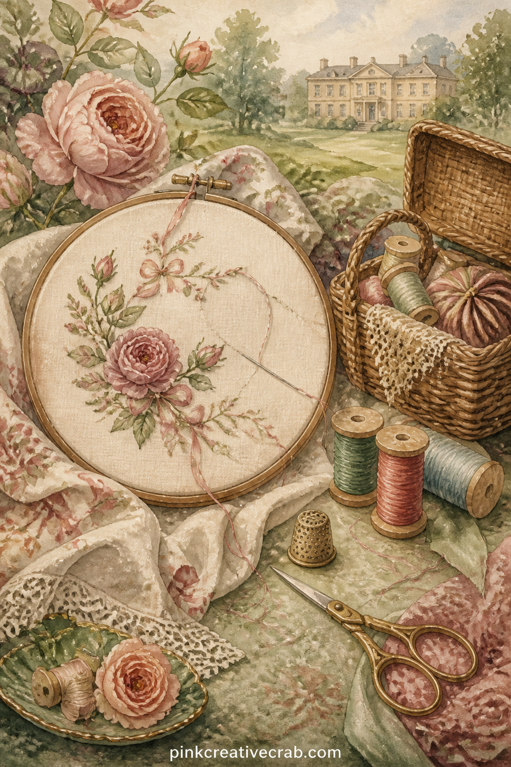 Embroidery Hoop And Basket printable page — An embroidery hoop holds half-finished needlework beside a sewing basket, with spools of thread, a thimble and
