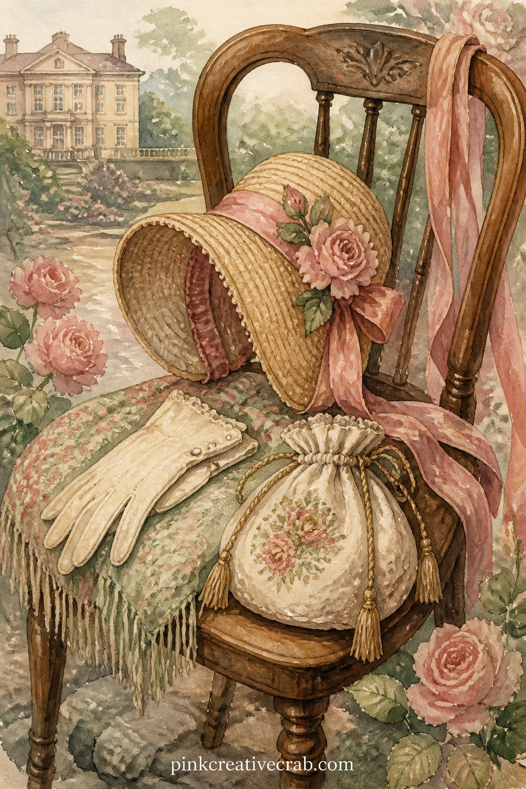 Bonnet And Gloves On Chair printable page — A straw bonnet trimmed with ribbon rests on a chair with a pair of gloves, a folded shawl and a small drawstring