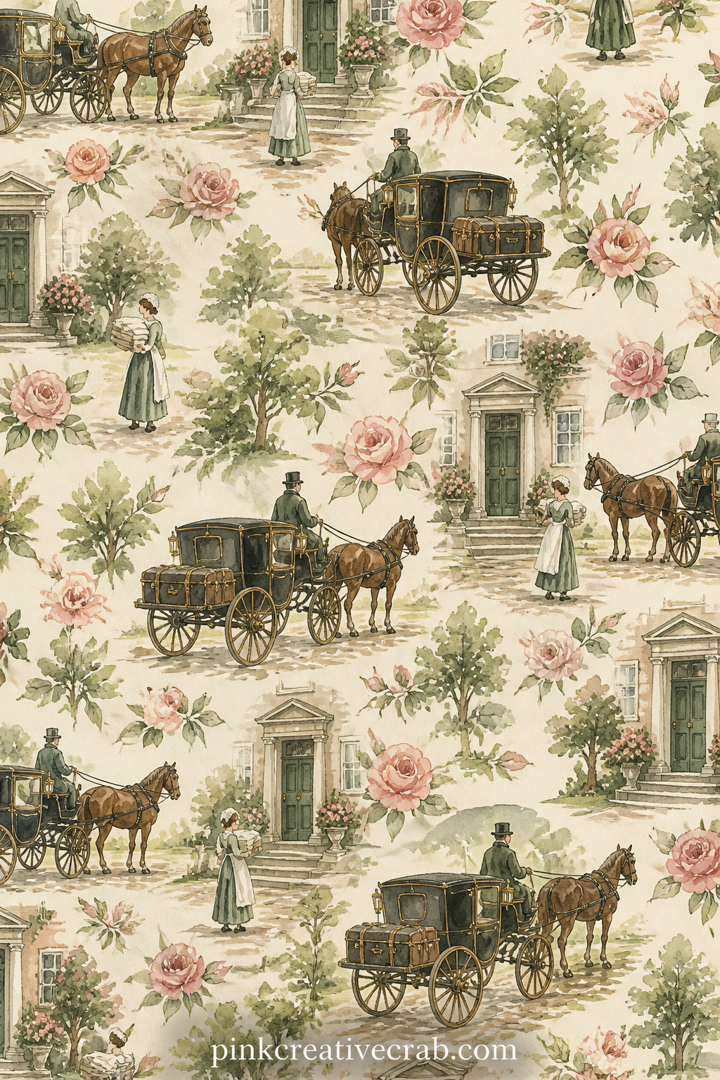 Carriage Waiting At The Door printable page — A closed carriage waits at a front door with a coachman at the reins, a trunk strapped to the back and a maid