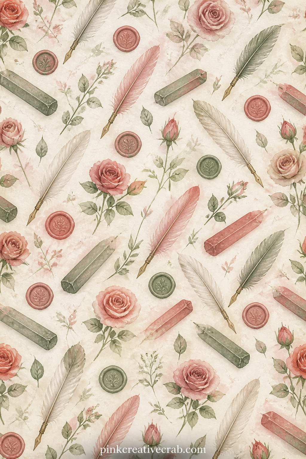 Quills Wax And Roses Pattern printable page — Small quill pens, sticks of sealing wax and pressed roses repeat in soft rows across this sheet, suited to lining