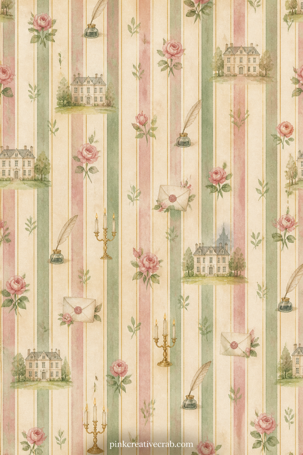 Regency Stripe Background Paper printable page — Narrow stripes in muted Regency tones run the length of this page, good under a formal portrait-style photo