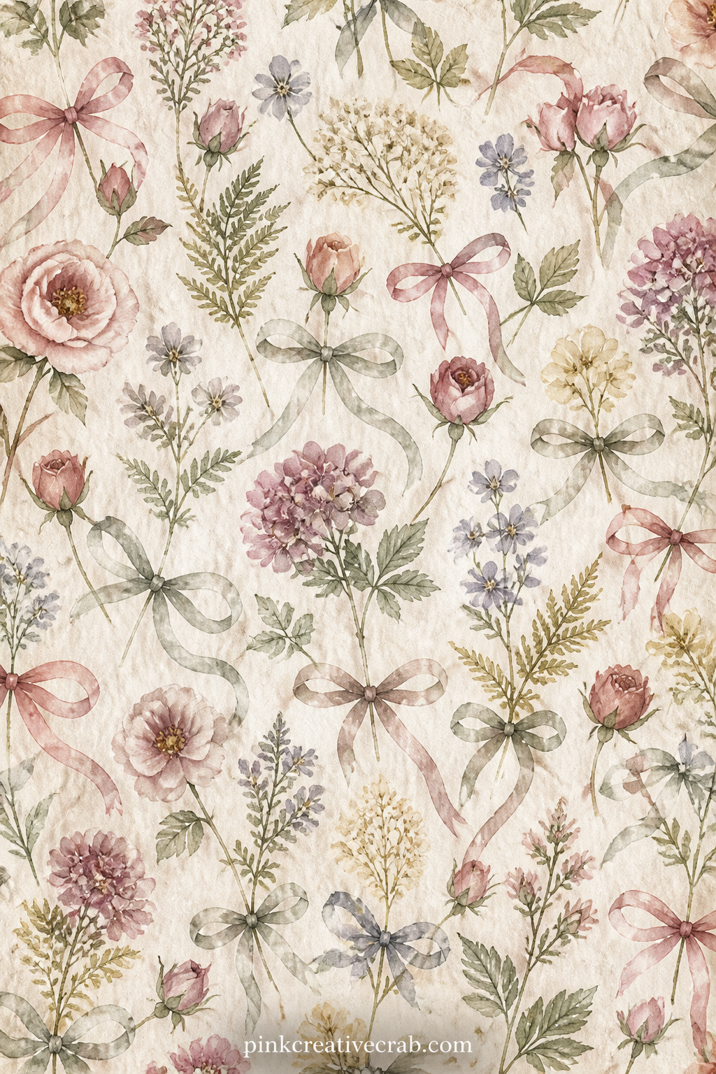 Pressed Flowers And Ribbon Pattern printable page — Pressed garden flowers and loops of narrow ribbon scatter across the sheet, ready to sit behind a garden