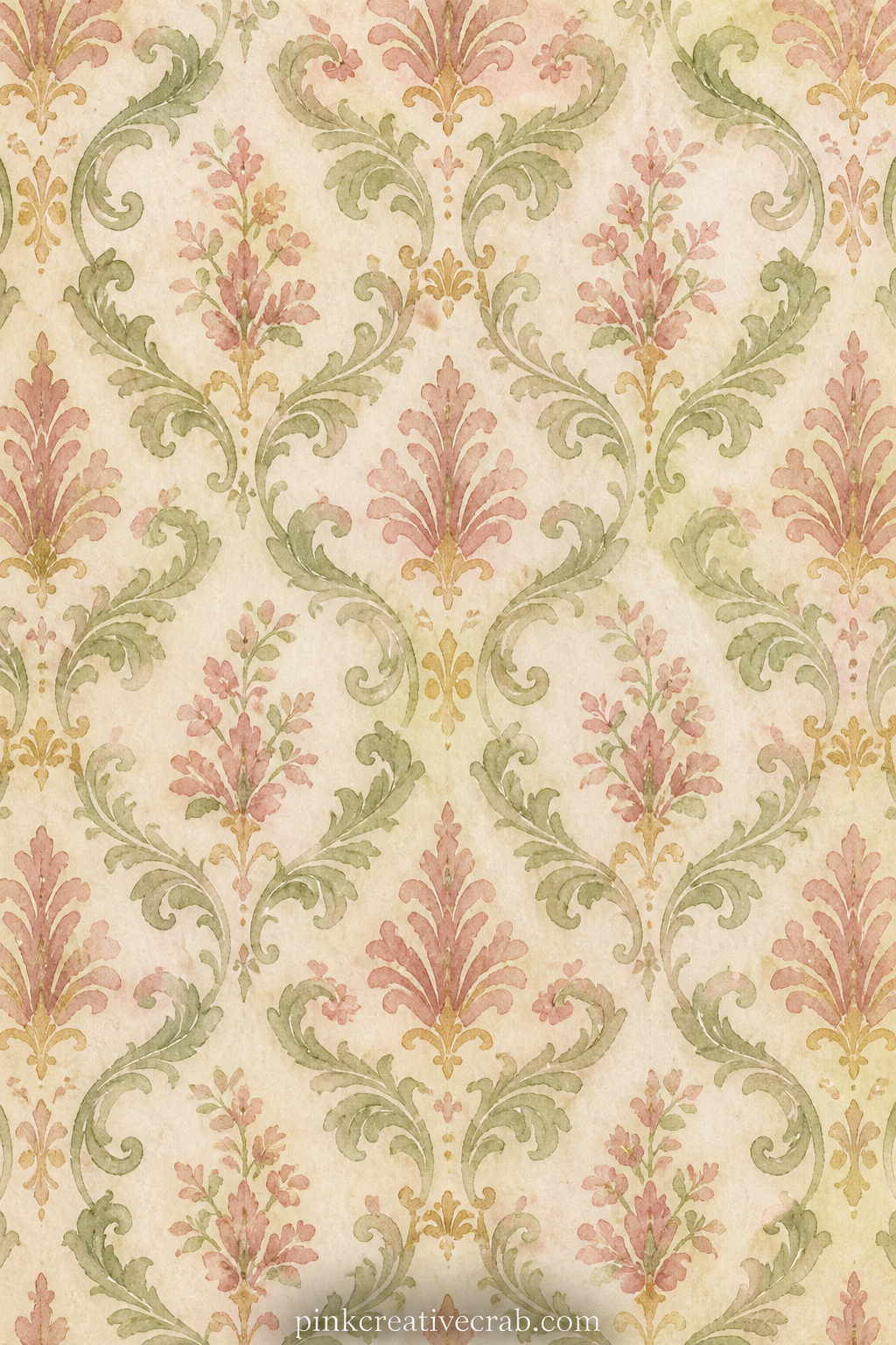 Damask Drawing Room Pattern printable page — A soft damask scroll repeats across the page in the manner of old drawing room wallpaper, a good backing for a