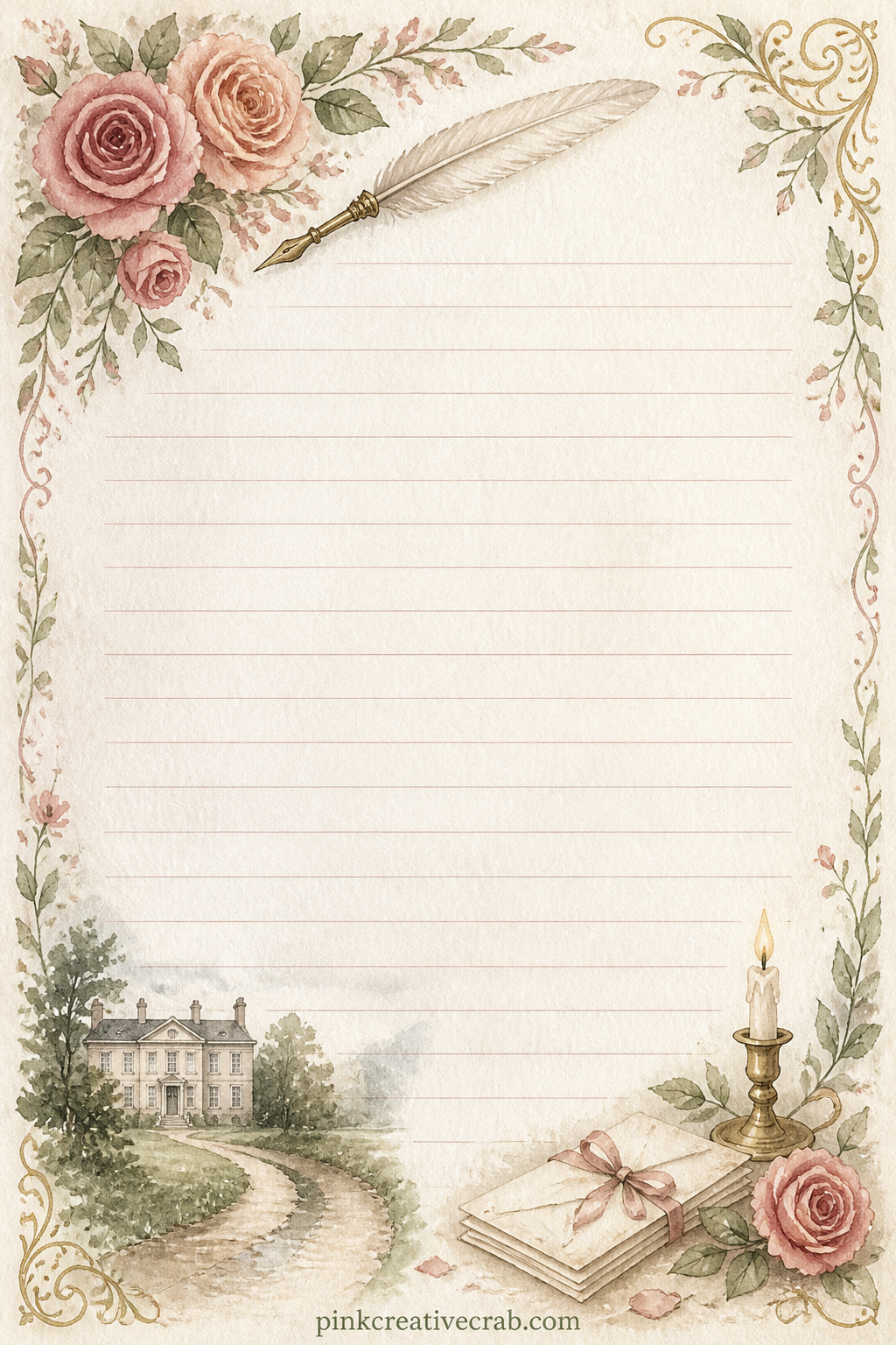 Letter To A Dear Friend Lined Page printable page — A spray of roses and a single quill decorate the top corner here, framing lines ready for a letter to a