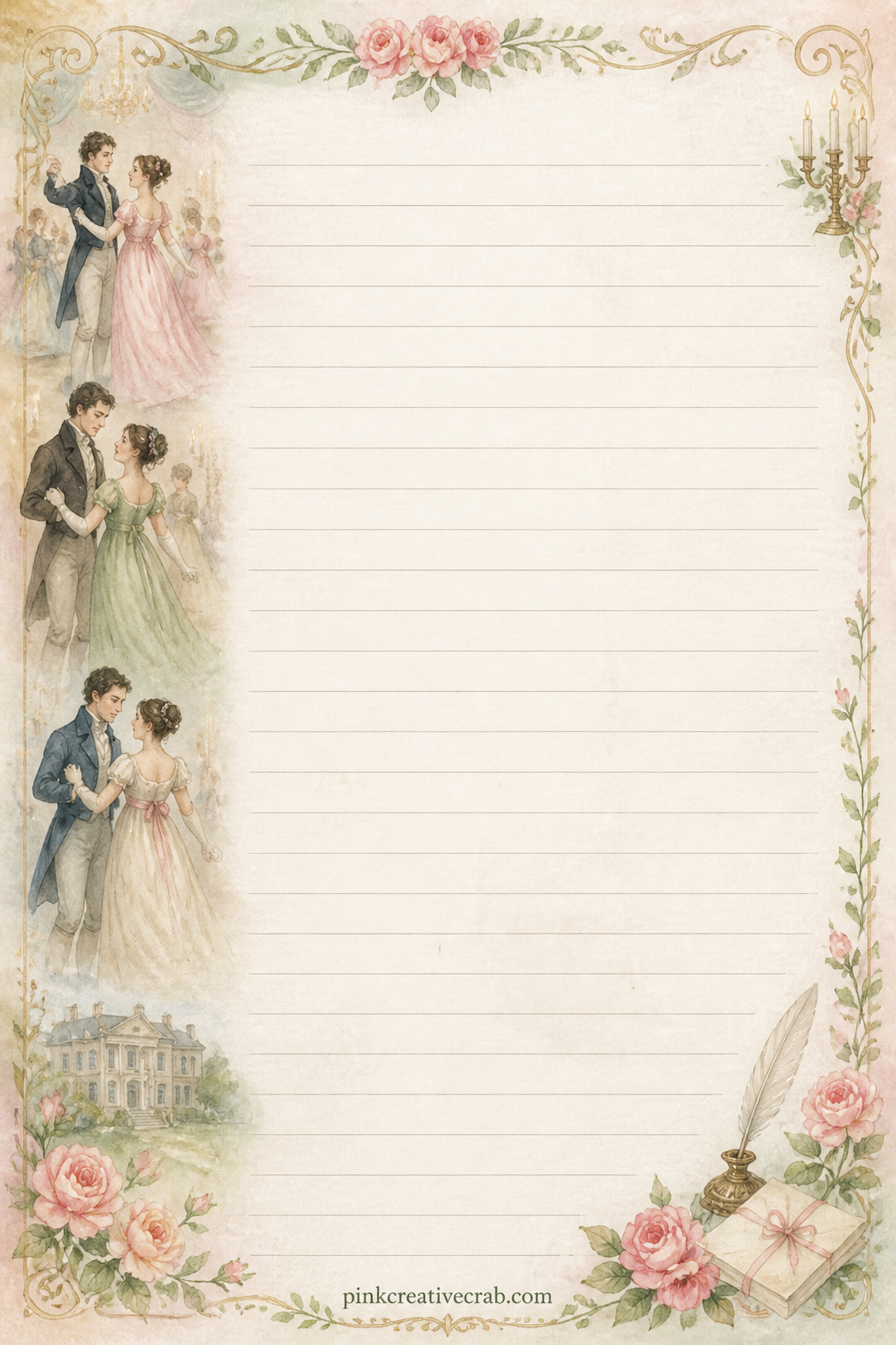 Ball Night Memories Lined Page printable page — A narrow band of dancing figures runs down one side of the page, leaving the ruled lines open for a guest list