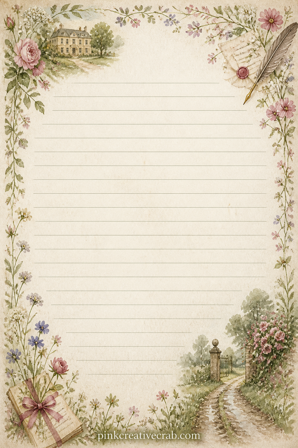 Garden Walk Journal Lined Page printable page — Tiny pressed wildflowers frame all four corners of this page, leaving room to write about a country walk, a