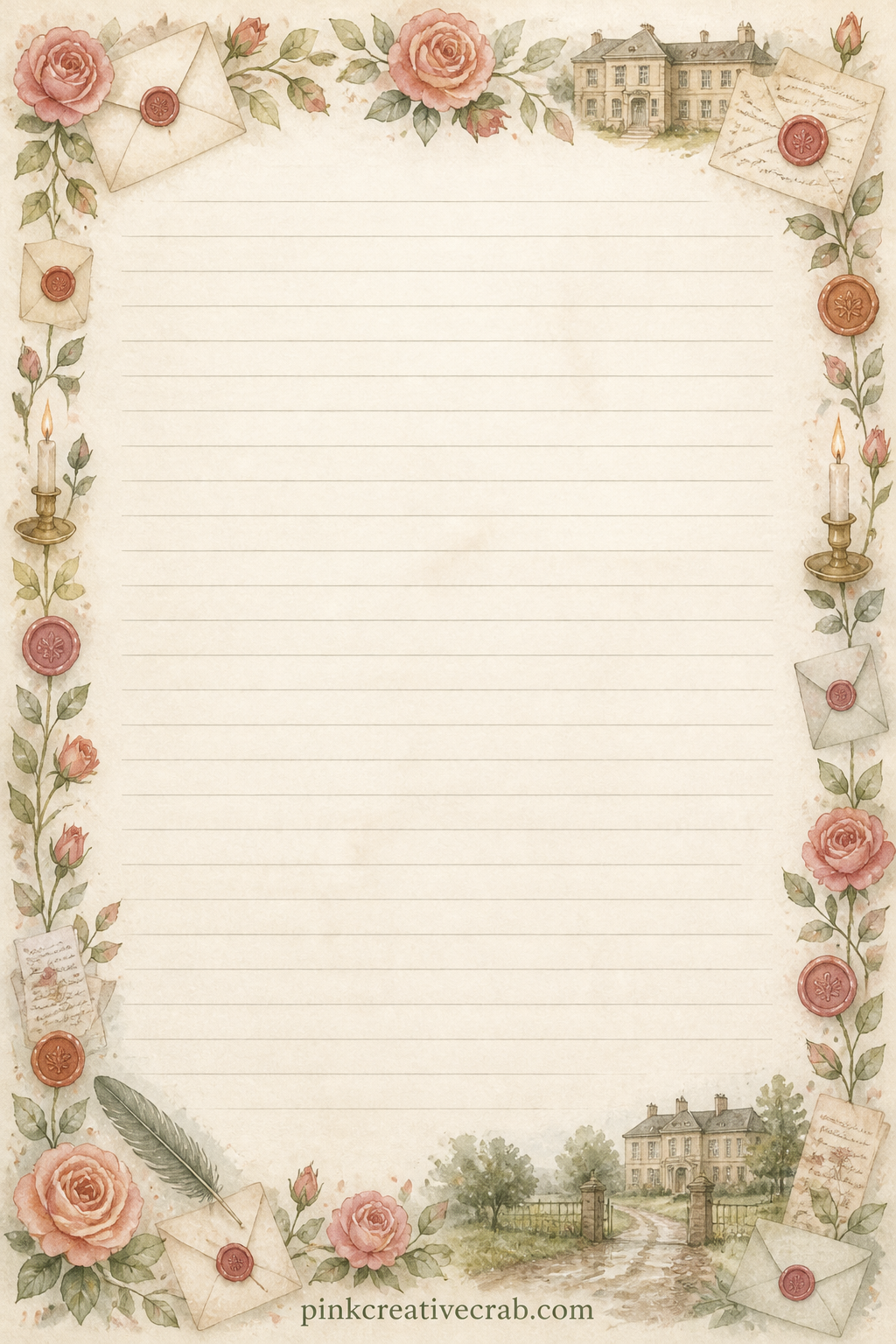Letters Received Lined Page printable page — A thin frame of sealing wax stamps and folded letter corners runs around the whole page, suited to a running list