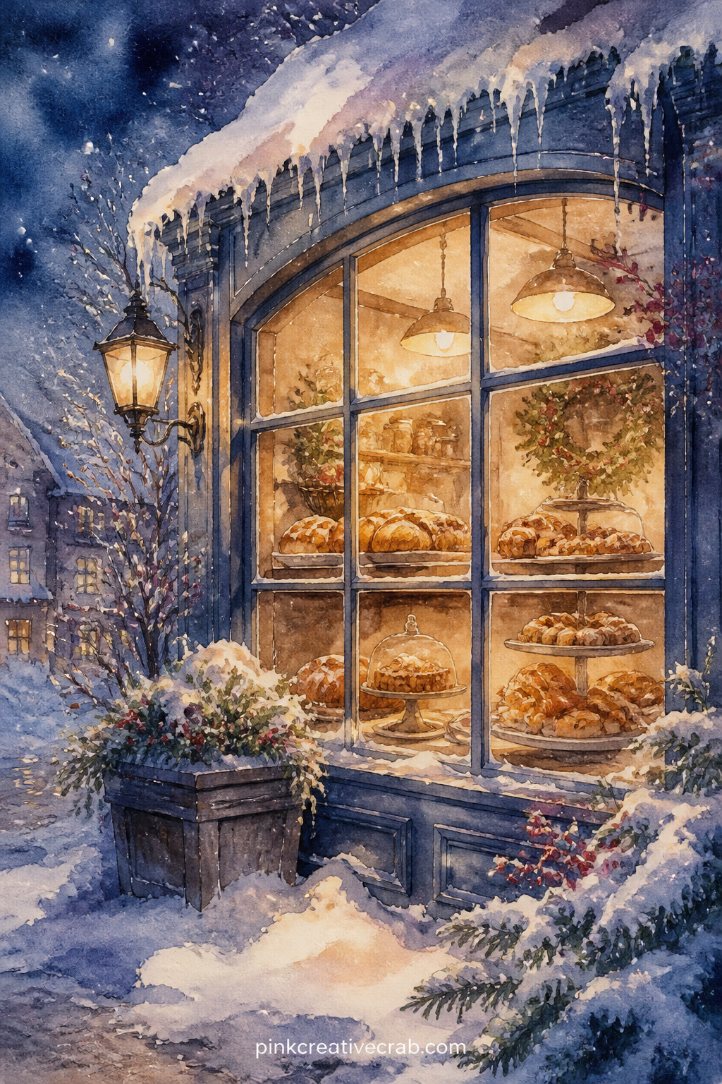 Bakery Window At Night printable page — Pair this page with the knitted mittens background later in the set, tucking a strip of the pattern behind the window