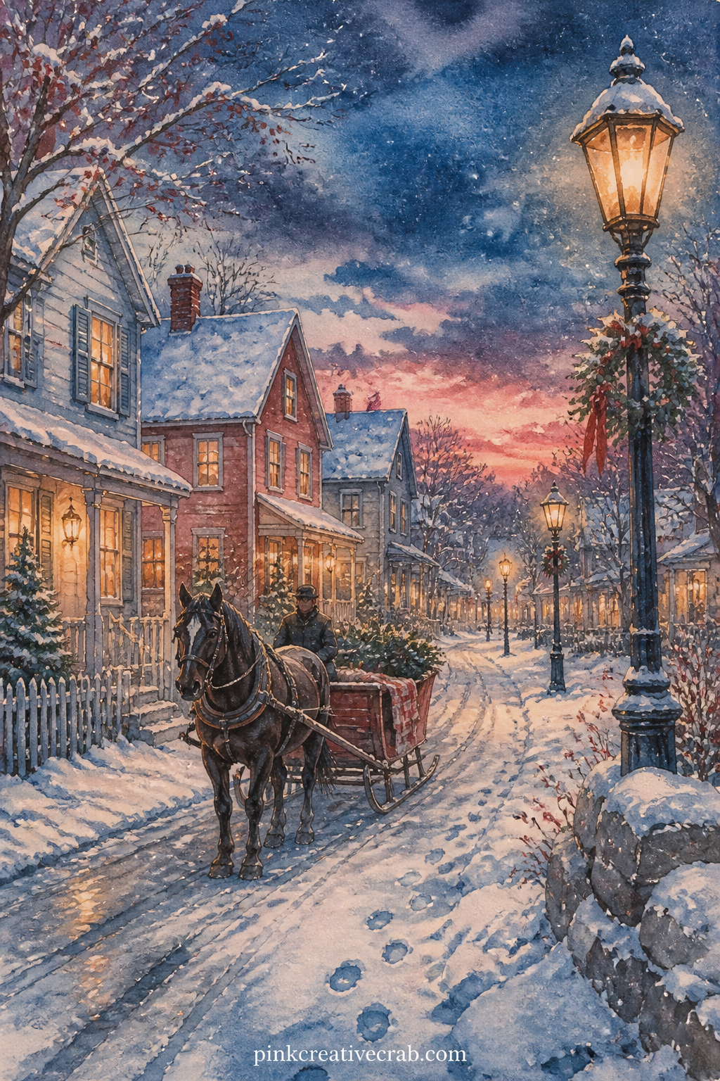 Snowy Village Street At Dusk printable page — Lamplight, falling snow and a row of close houses fill this page, the kind of scene that anchors the first spread