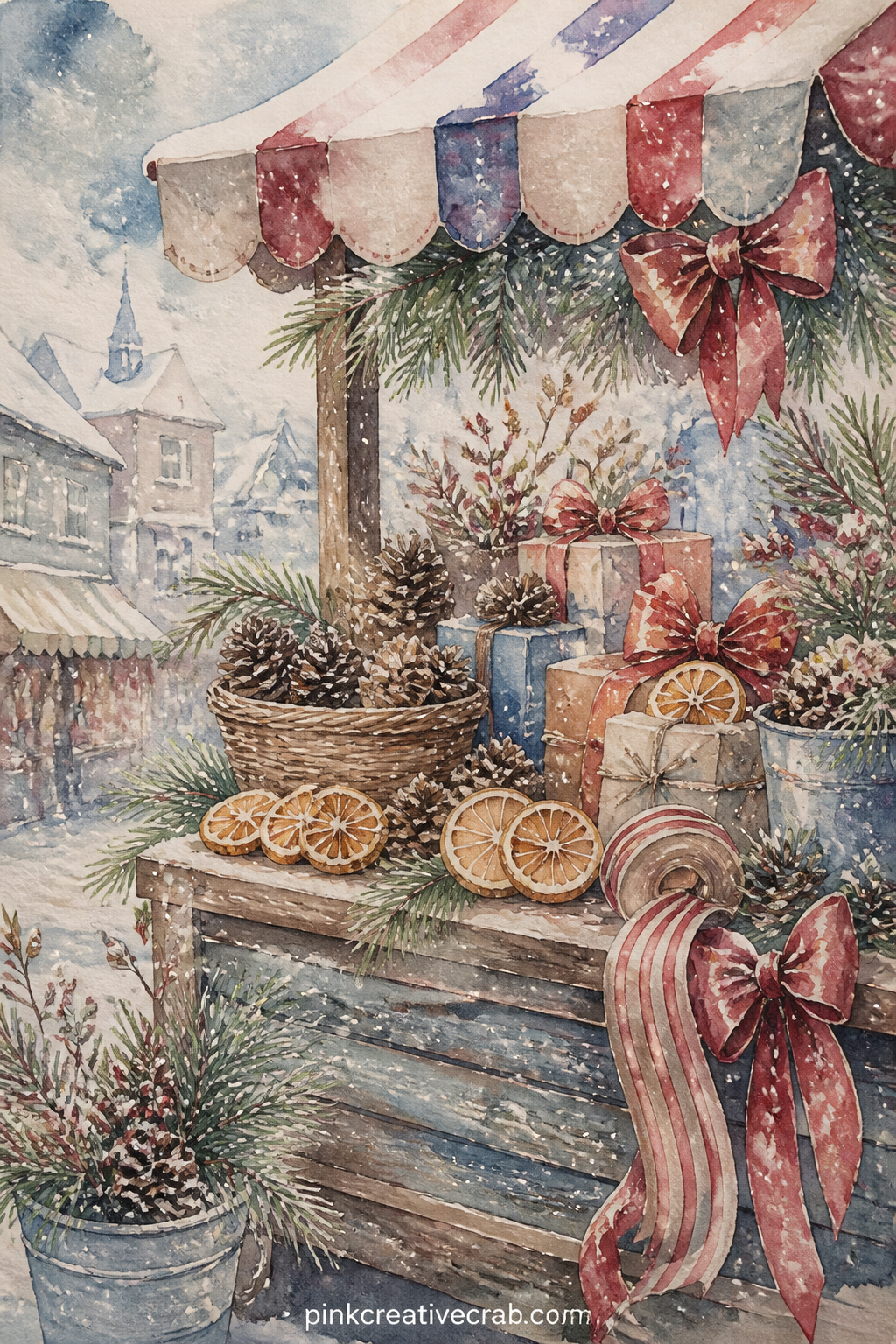 Market Stall With Pine And Ribbon printable page — A common mistake here is cramming the stall with too many items, so keep it to pinecones, a few wrapped