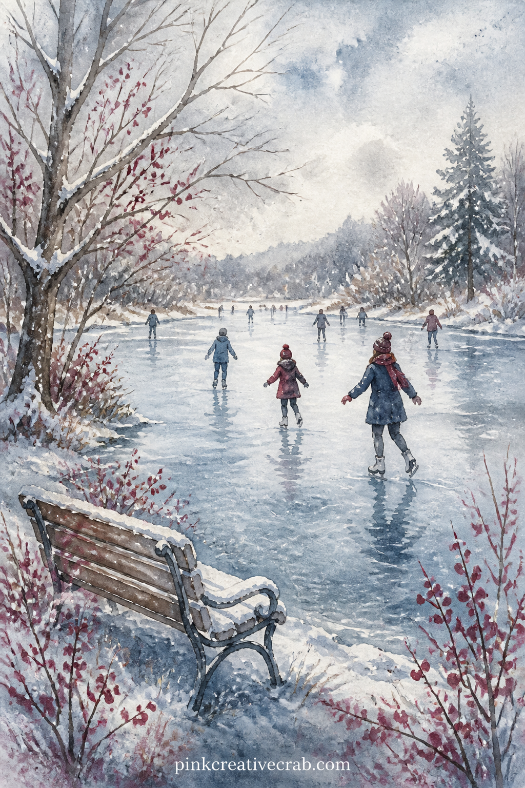 Ice Skaters On A Frozen Pond printable page — Write the date of your first real snow of the season along the bottom edge of this page, right under the pond.