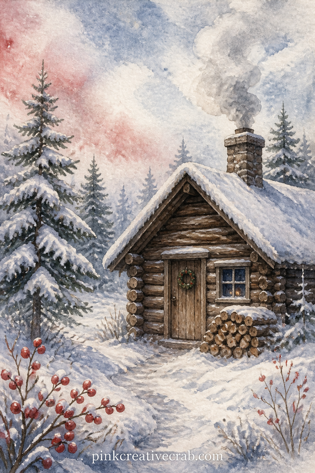 Cabin With Smoke Rising printable page — This is the five-minute version of a woodland page: one cabin, one column of smoke, a few trees and a snowy clearing